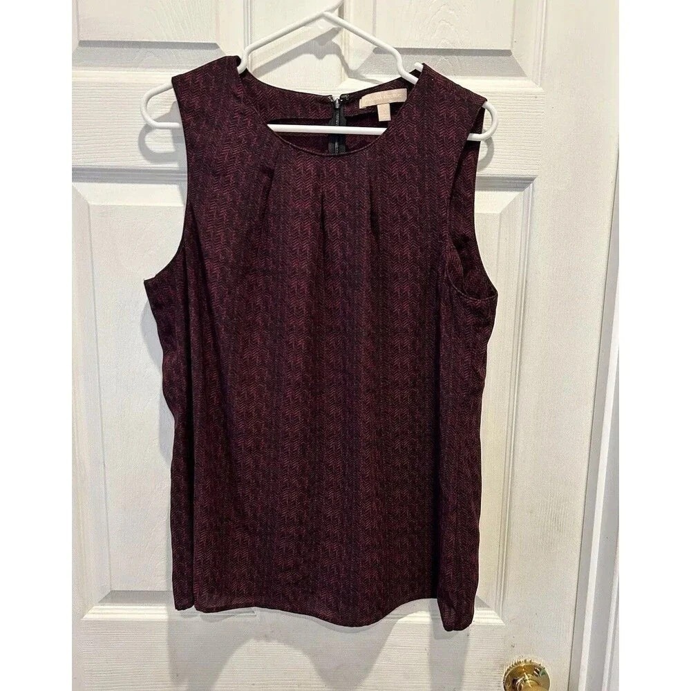 Banana Republic Womens 14 Burgundy Black Herringbone Sleeveless Pleated Blouse